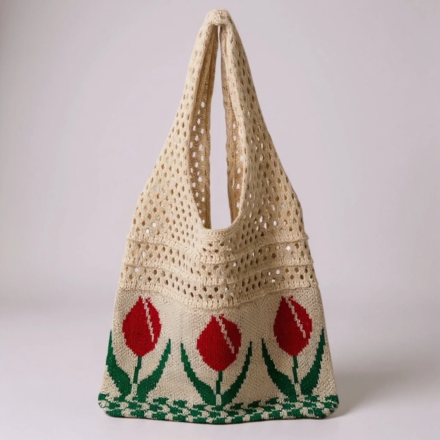 Aesthetic Hippie Crochet Beach Knitted Tote Bag with Boho Tulip Flower | Bohemian Summer Shoulder Tote - Twist & Tassel