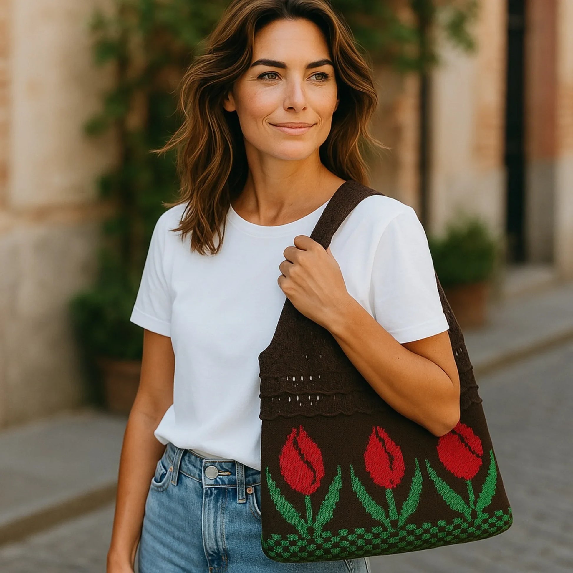 Aesthetic Hippie Crochet Beach Knitted Tote Bag with Boho Tulip Flower | Bohemian Summer Shoulder Tote - Twist & Tassel