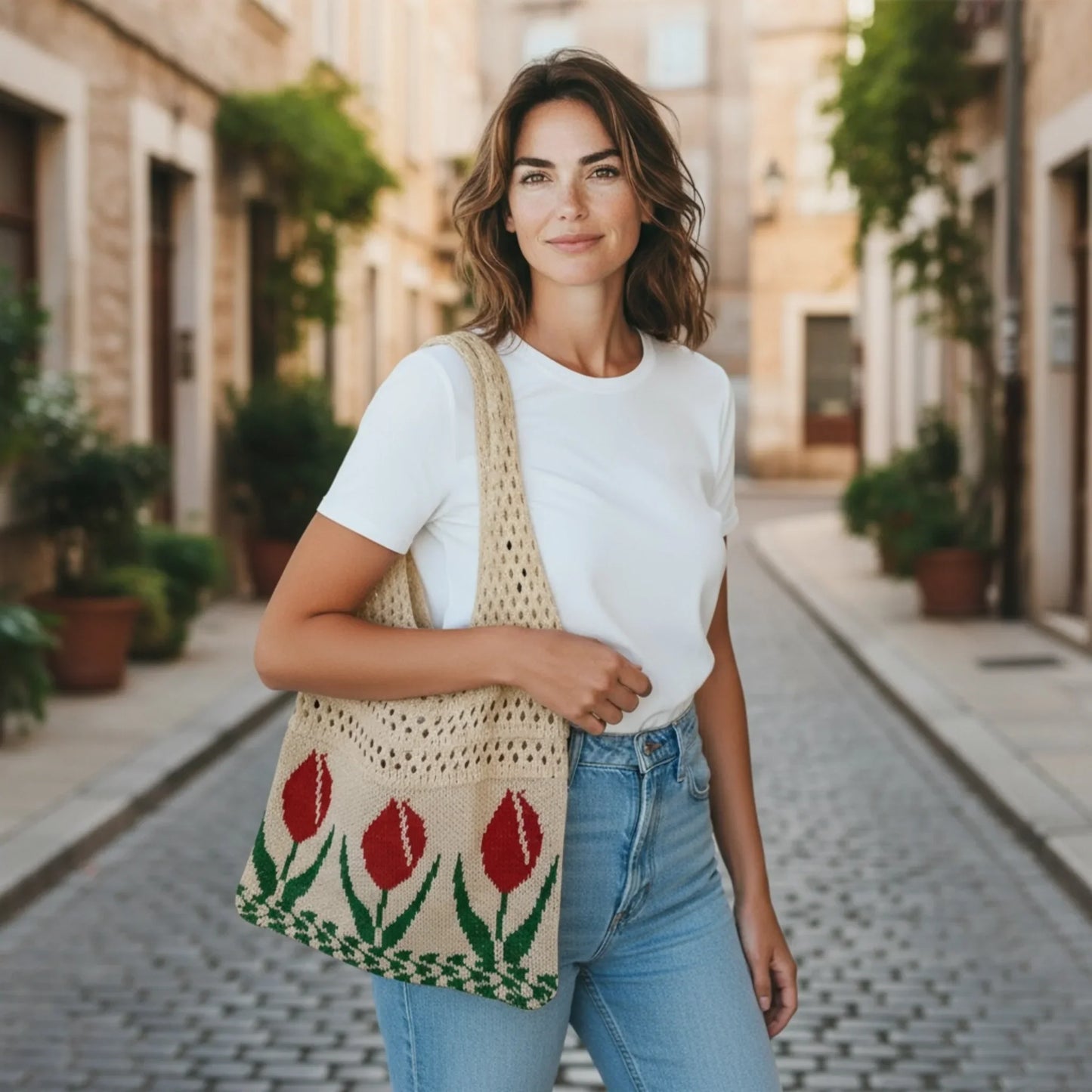 Aesthetic Hippie Crochet Beach Knitted Tote Bag with Boho Tulip Flower | Bohemian Summer Shoulder Tote - Twist & Tassel