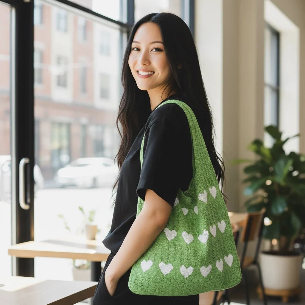 knitted Heart Tote Bag | Soft Cotton Yarn - Twist & Tassel