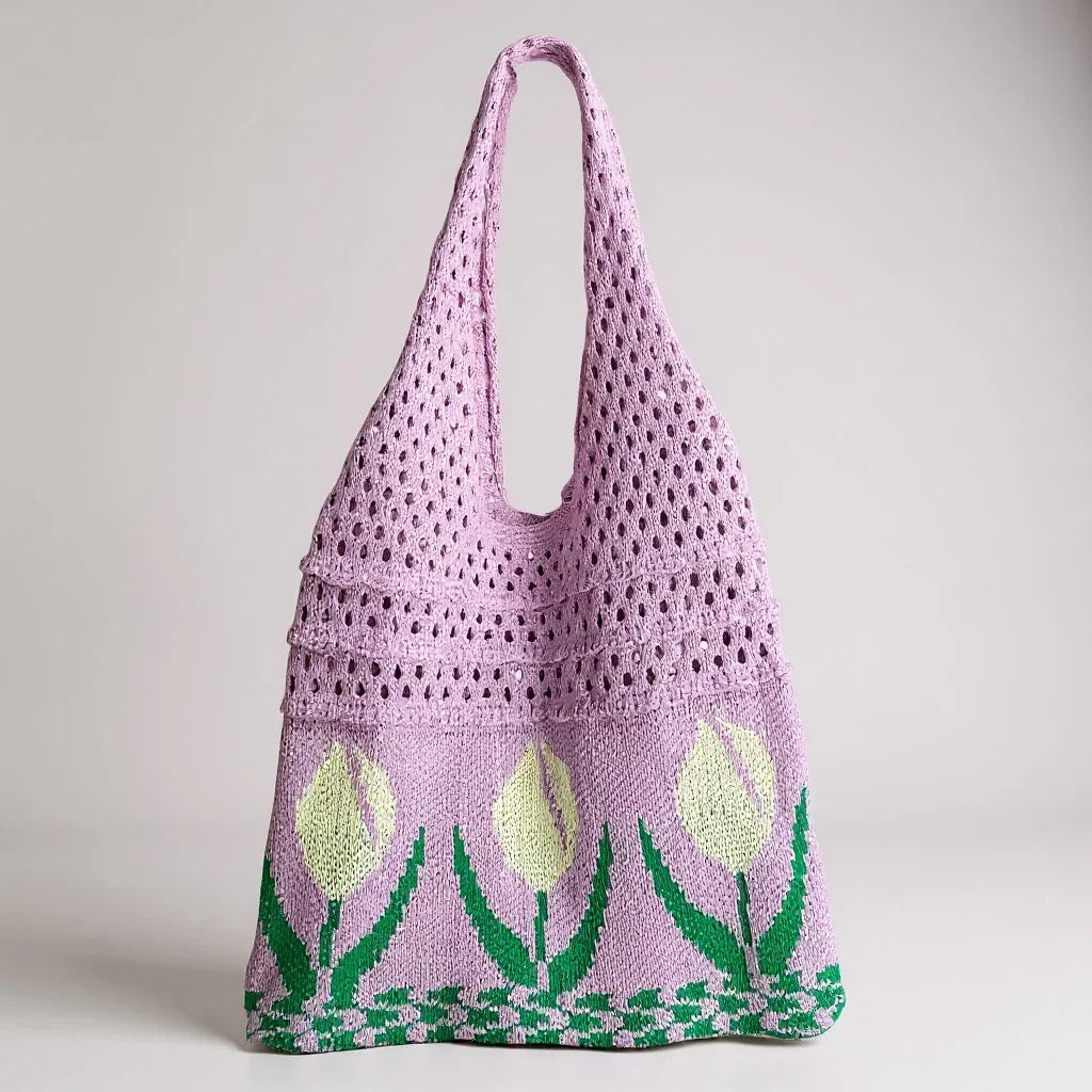 Aesthetic Hippie Crochet Beach Knitted Tote Bag with Boho Tulip Flower | Bohemian Summer Shoulder Tote - Twist & Tassel