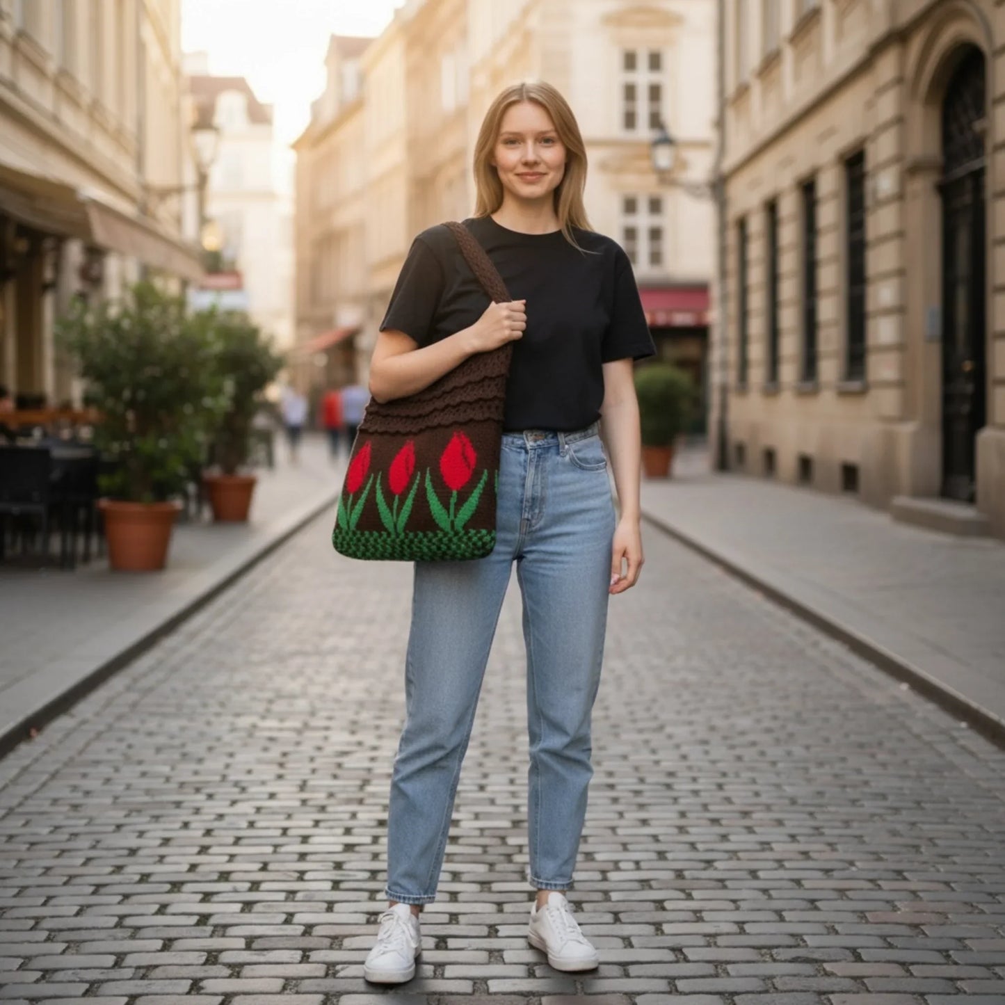Aesthetic Hippie Crochet Beach Knitted Tote Bag with Boho Tulip Flower | Bohemian Summer Shoulder Tote - Twist & Tassel