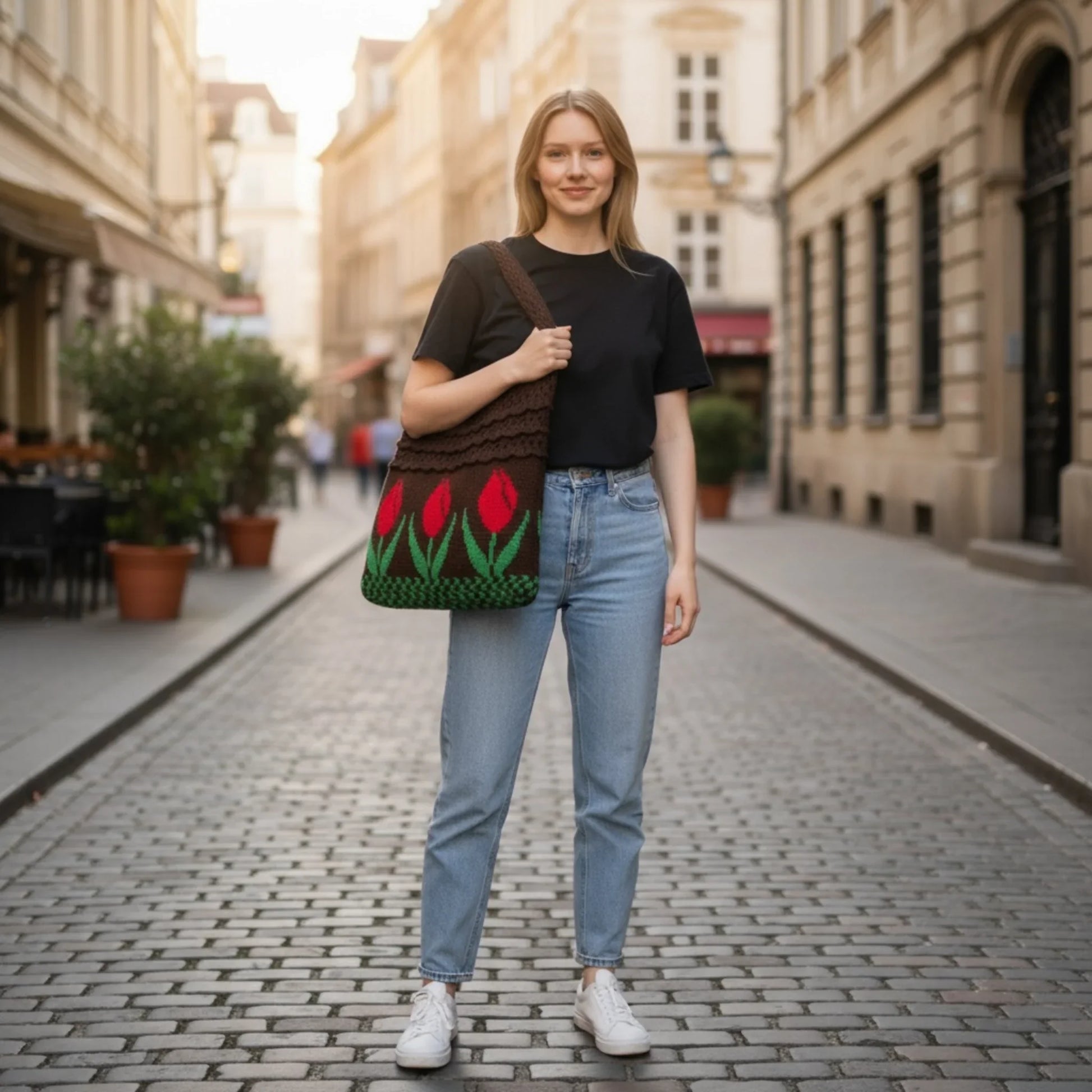 Aesthetic Hippie Crochet Beach Knitted Tote Bag with Boho Tulip Flower | Bohemian Summer Shoulder Tote - Twist & Tassel