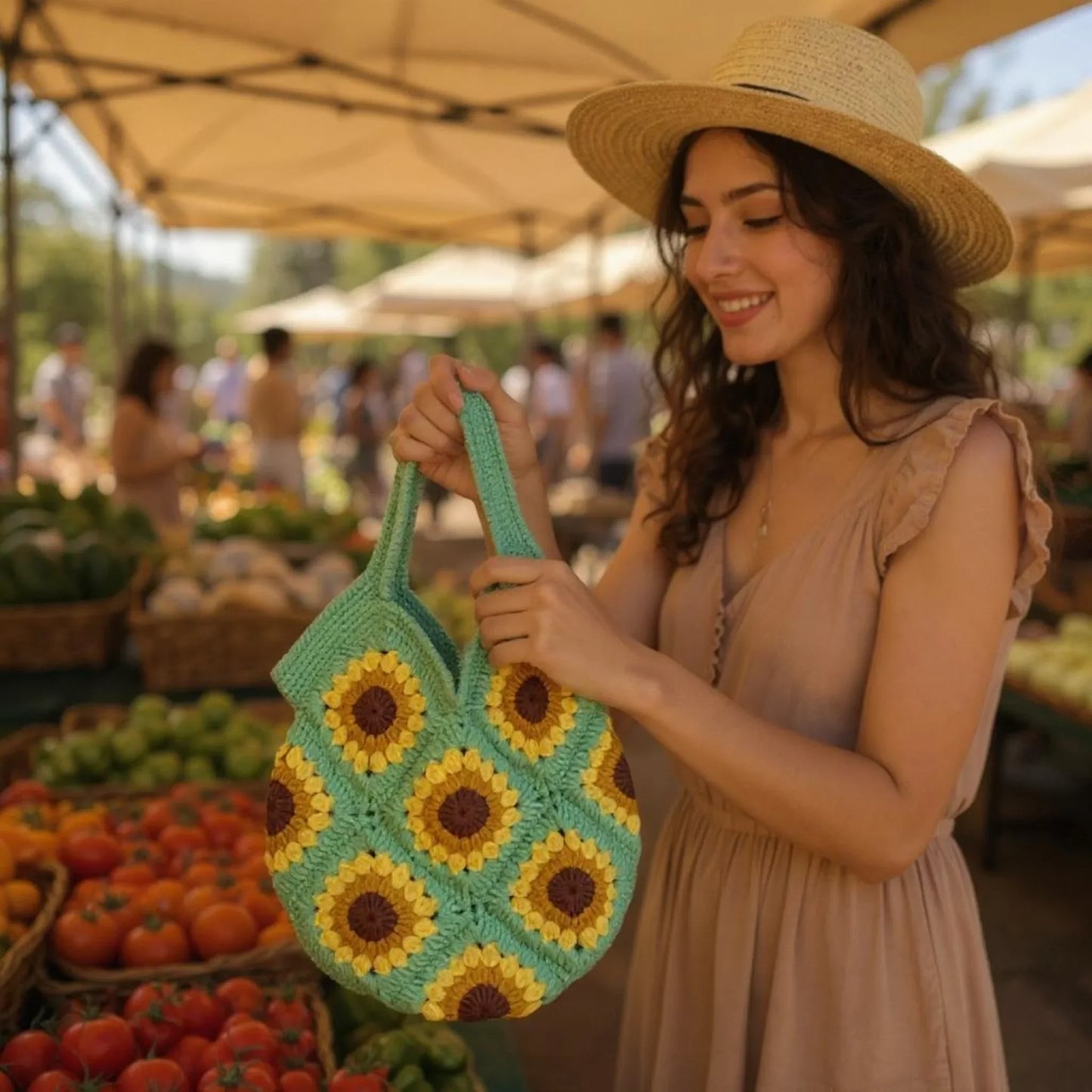 Handmade Sunflower Crochet Bag – Soft Cotton Yarn Boho Tote - Twist & Tassel