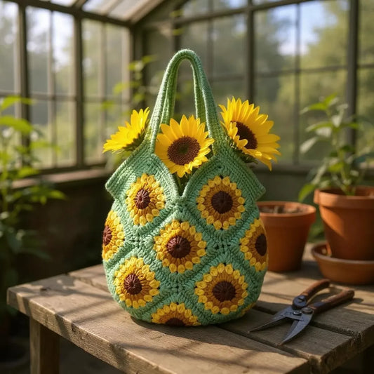 Handmade Sunflower Crochet Bag – Soft Cotton Yarn Boho Tote - Twist & Tassel