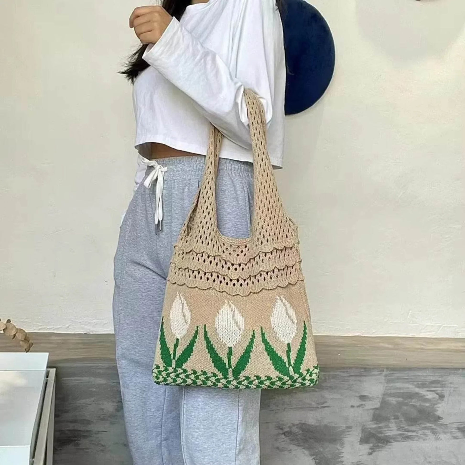 Aesthetic Hippie Crochet Beach Knitted Tote Bag with Boho Tulip Flower | Bohemian Summer Shoulder Tote - Twist & Tassel