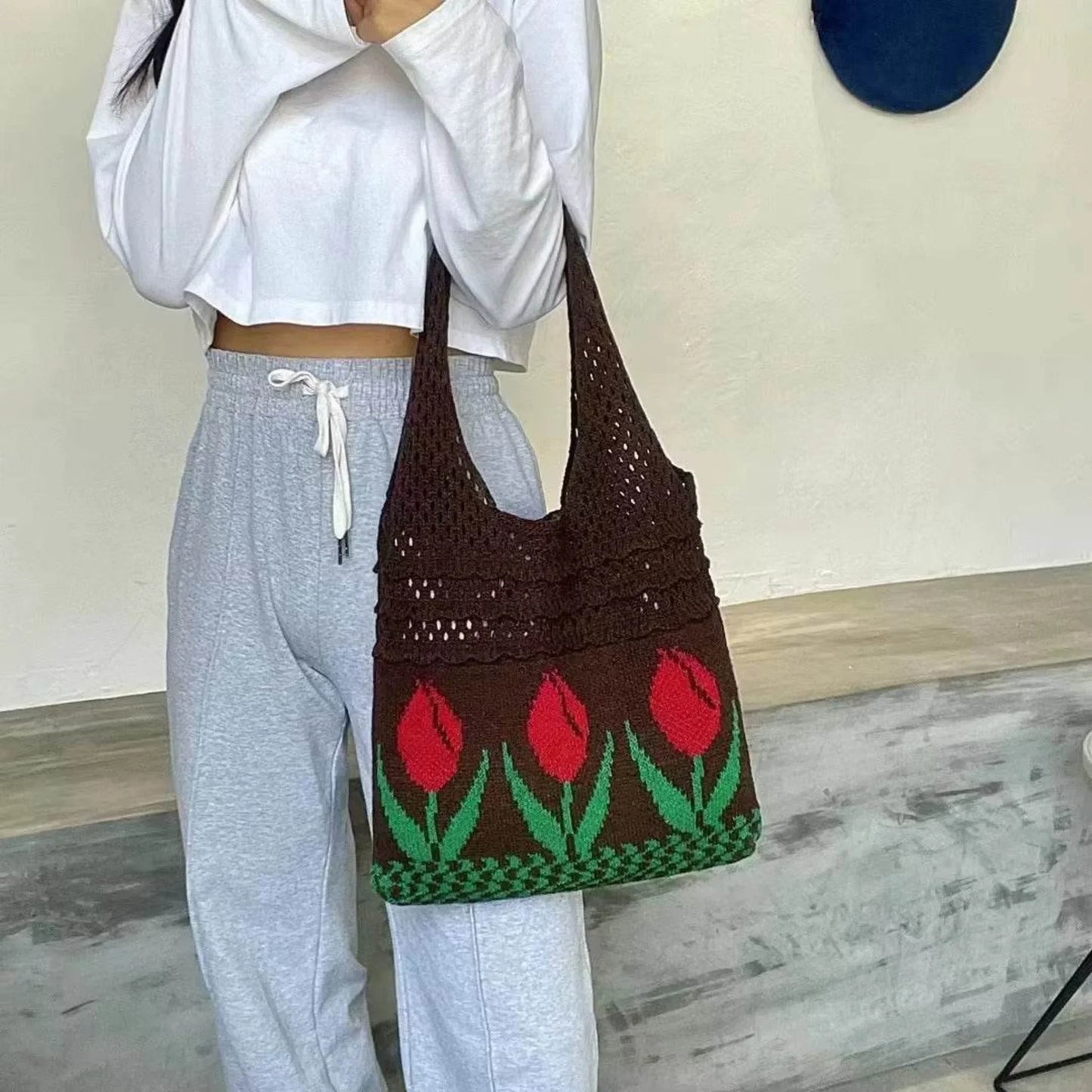 Aesthetic Hippie Crochet Beach Knitted Tote Bag with Boho Tulip Flower | Bohemian Summer Shoulder Tote - Twist & Tassel