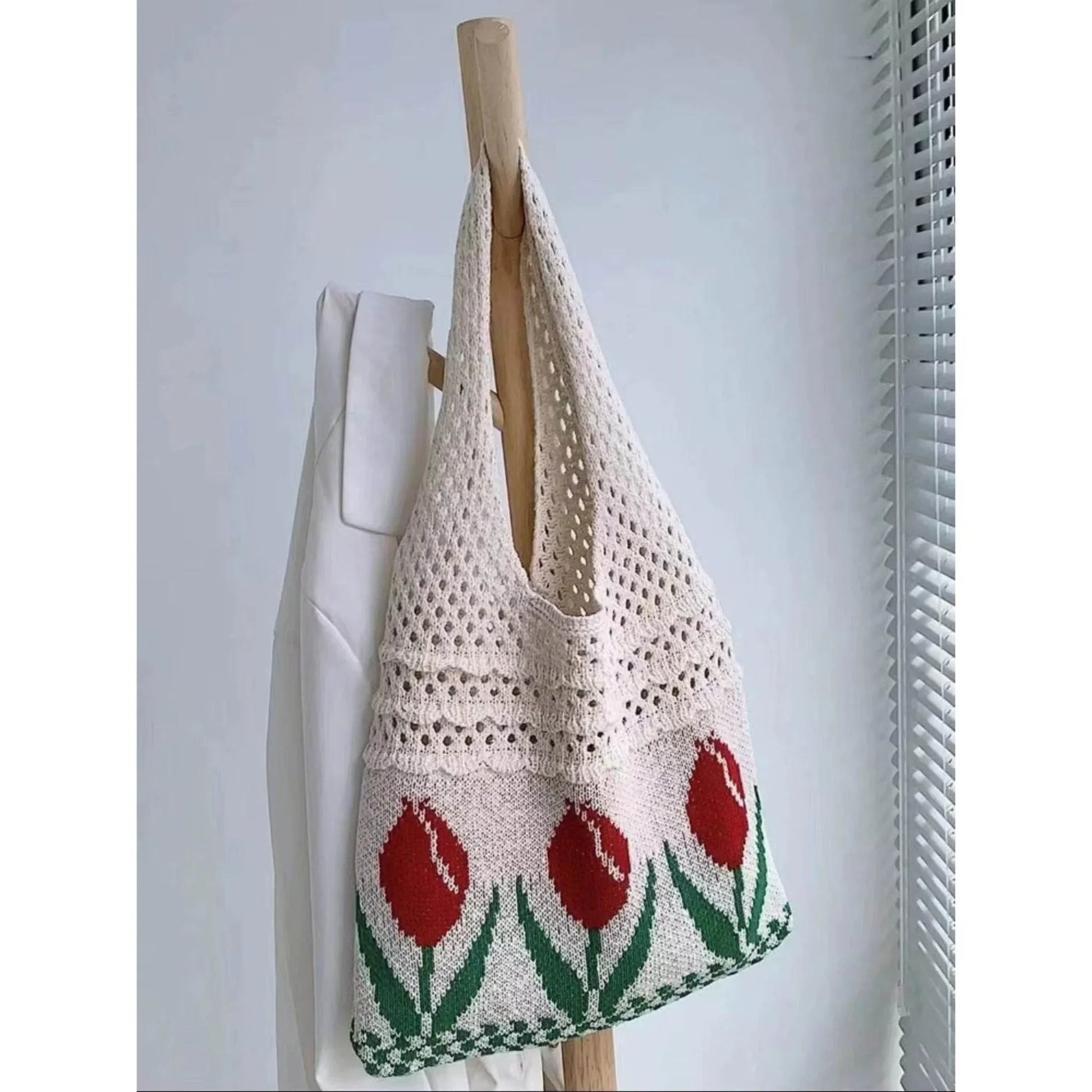 Aesthetic Hippie Crochet Beach Knitted Tote Bag with Boho Tulip Flower | Bohemian Summer Shoulder Tote - Twist & Tassel
