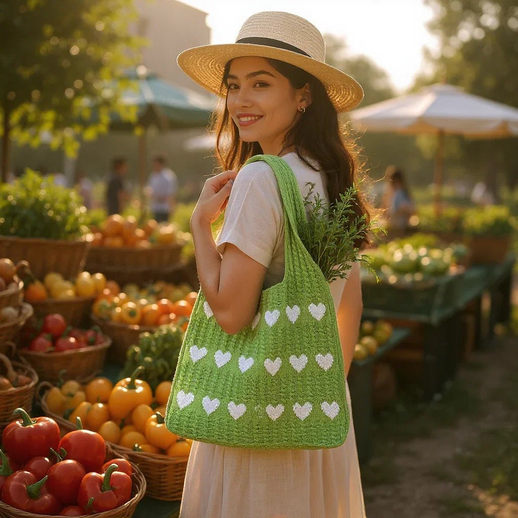 knitted Heart Tote Bag | Soft Cotton Yarn - Twist & Tassel
