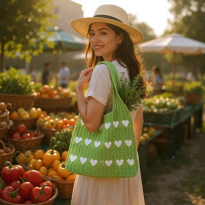 knitted Heart Tote Bag | Soft Cotton Yarn - Twist & Tassel