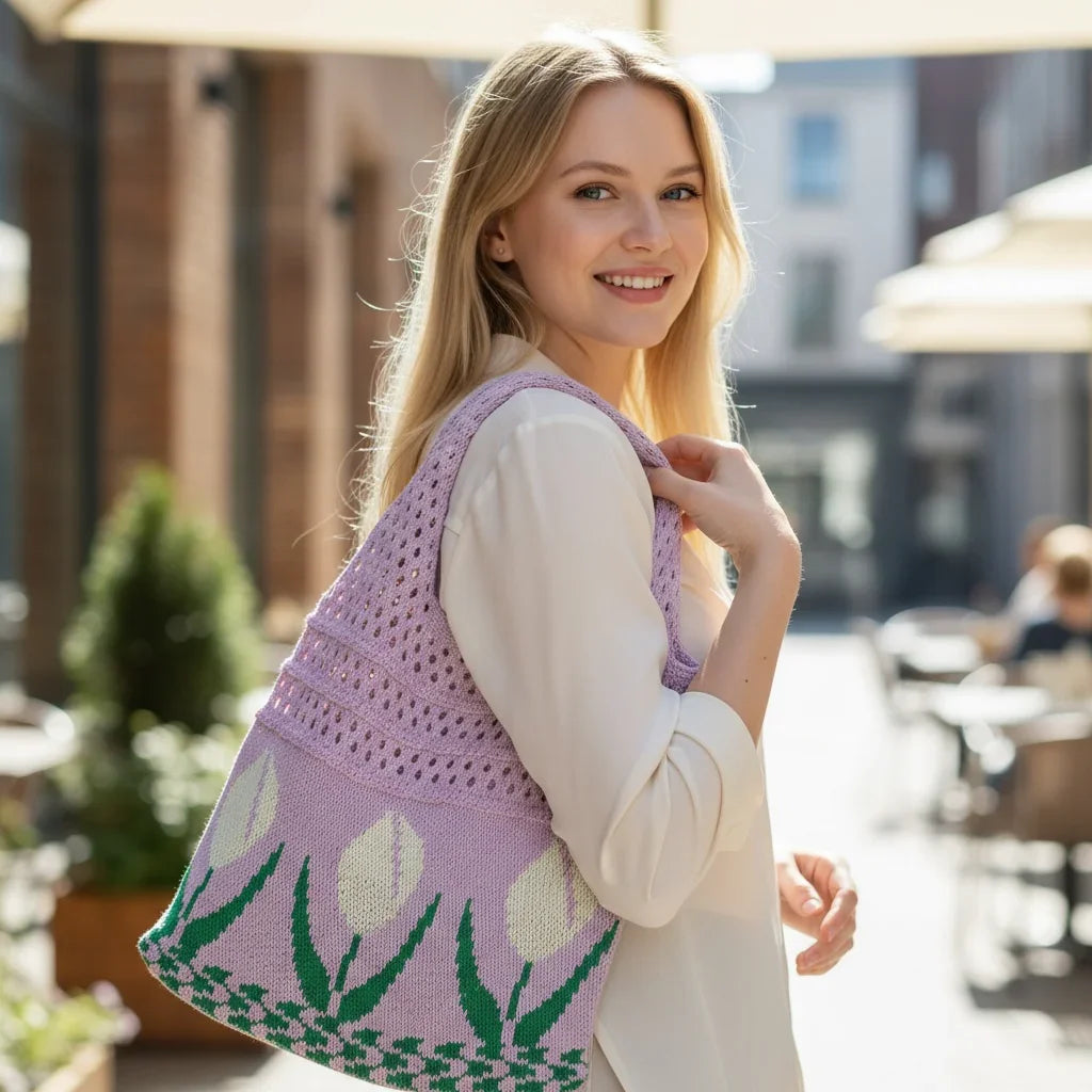 Aesthetic Hippie Crochet Beach Knitted Tote Bag with Boho Tulip Flower | Bohemian Summer Shoulder Tote - Twist & Tassel