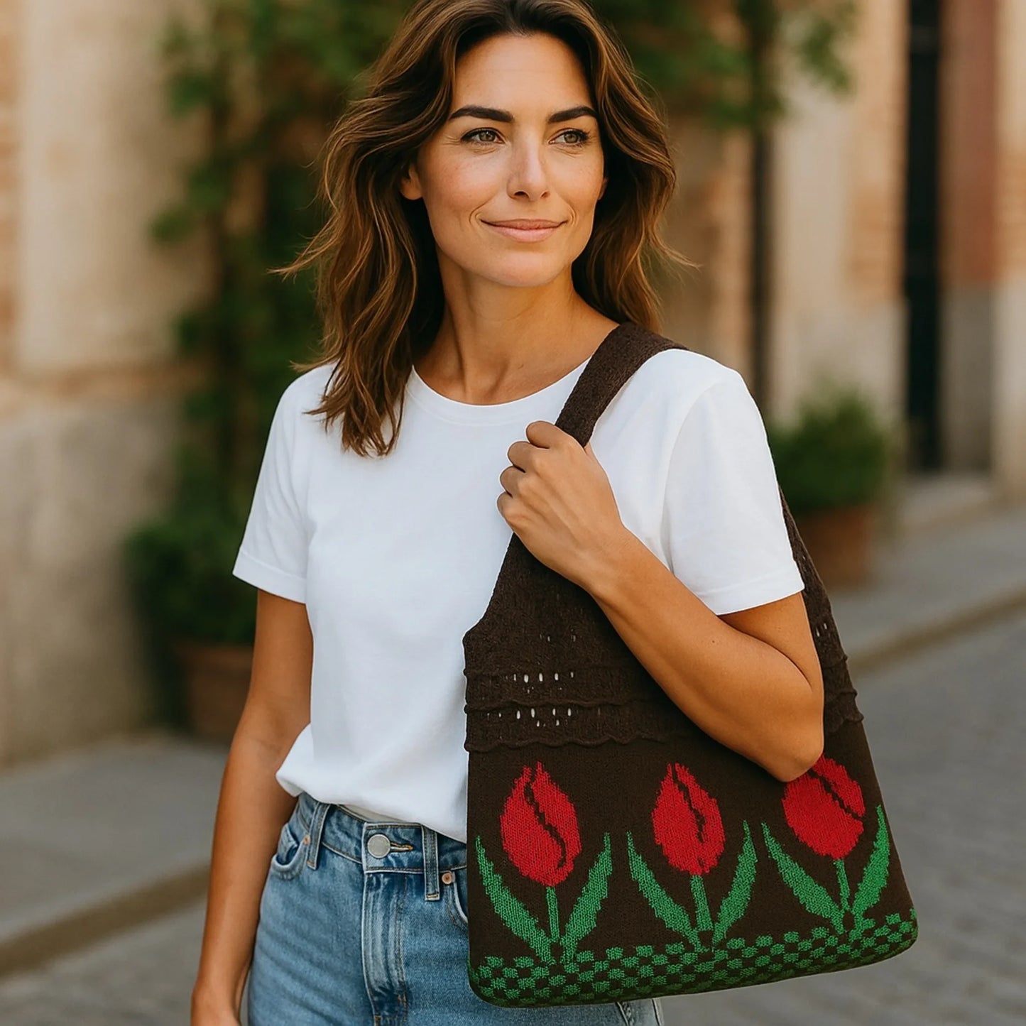 Aesthetic Hippie Crochet Beach Knitted Tote Bag with Boho Tulip Flower | Bohemian Summer Shoulder Tote - Twist & Tassel