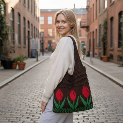 Aesthetic Hippie Crochet Beach Knitted Tote Bag with Boho Tulip Flower | Bohemian Summer Shoulder Tote - Twist & Tassel