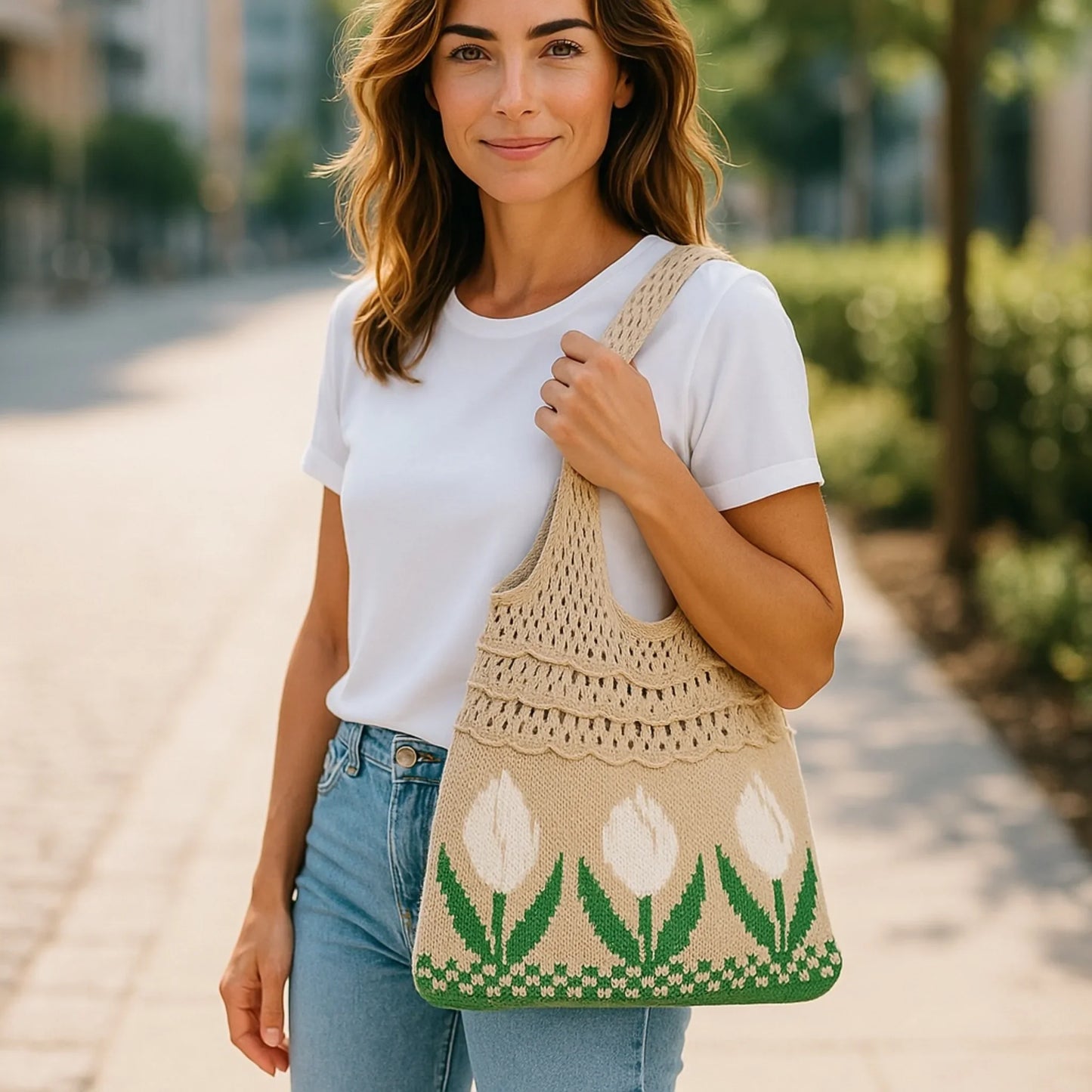 Aesthetic Hippie Crochet Beach Knitted Tote Bag with Boho Tulip Flower | Bohemian Summer Shoulder Tote - Twist & Tassel
