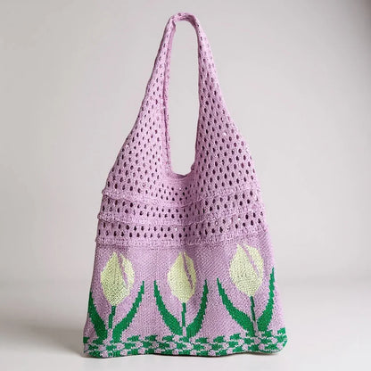 Aesthetic Hippie Crochet Beach Knitted Tote Bag with Boho Tulip Flower | Bohemian Summer Shoulder Tote - Twist & Tassel