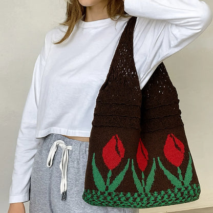Aesthetic Hippie Crochet Beach Knitted Tote Bag with Boho Tulip Flower | Bohemian Summer Shoulder Tote - Twist & Tassel