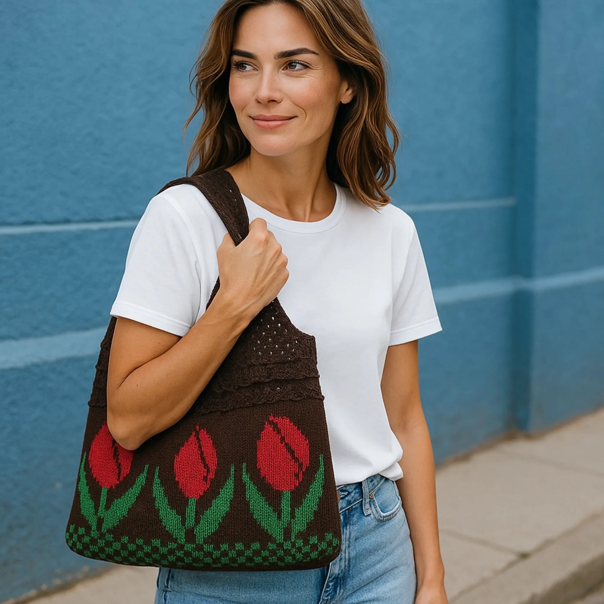 Aesthetic Hippie Crochet Beach Knitted Tote Bag with Boho Tulip Flower | Bohemian Summer Shoulder Tote - Twist & Tassel