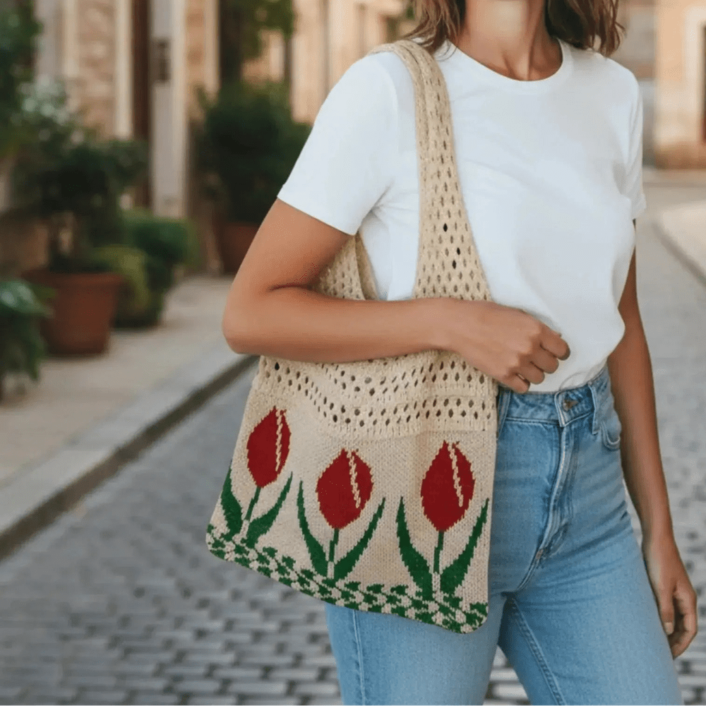 Aesthetic Hippie Crochet Beach Knitted Tote Bag with Boho Tulip Flower | Bohemian Summer Shoulder Tote