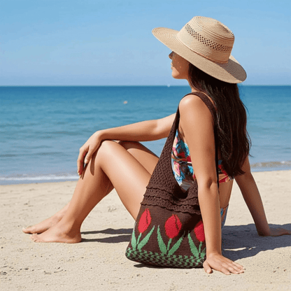 Aesthetic Hippie Crochet Beach Knitted Tote Bag with Boho Tulip Flower | Bohemian Summer Shoulder Tote