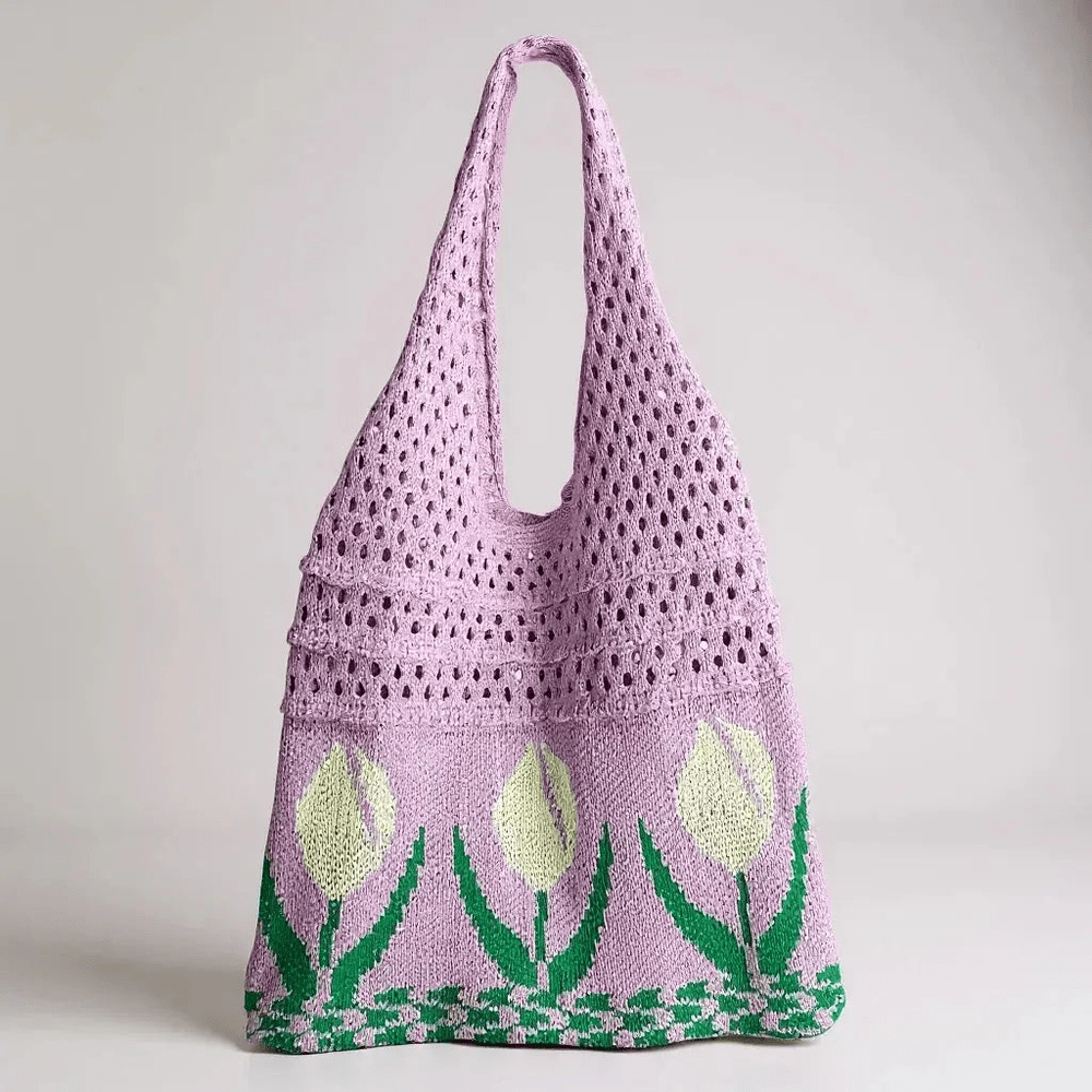 Aesthetic Hippie Crochet Beach Knitted Tote Bag with Boho Tulip Flower | Bohemian Summer Shoulder Tote