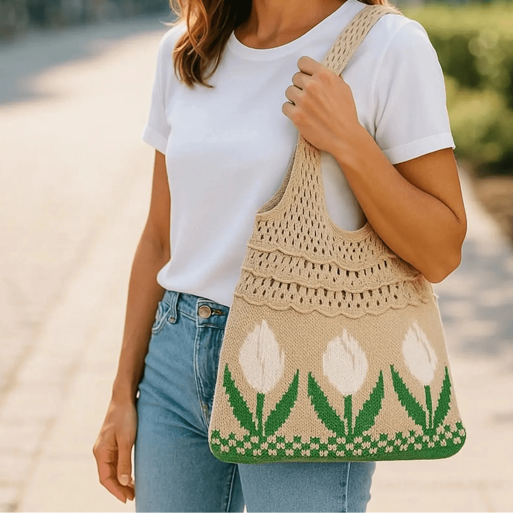 Aesthetic Hippie Crochet Beach Knitted Tote Bag with Boho Tulip Flower | Bohemian Summer Shoulder Tote