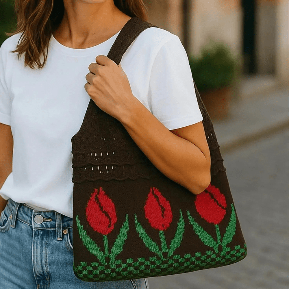 Aesthetic Hippie Crochet Beach Knitted Tote Bag with Boho Tulip Flower | Bohemian Summer Shoulder Tote