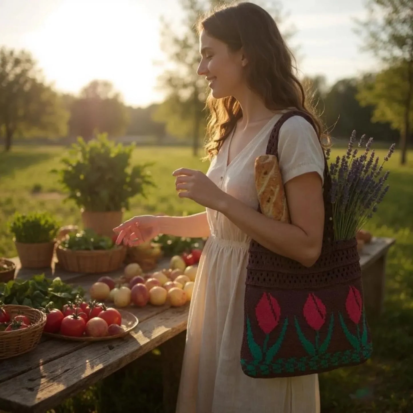 Aesthetic Hippie Crochet Beach Knitted Tote Bag with Boho Tulip Flower | Bohemian Summer Shoulder Tote - Twist & Tassel