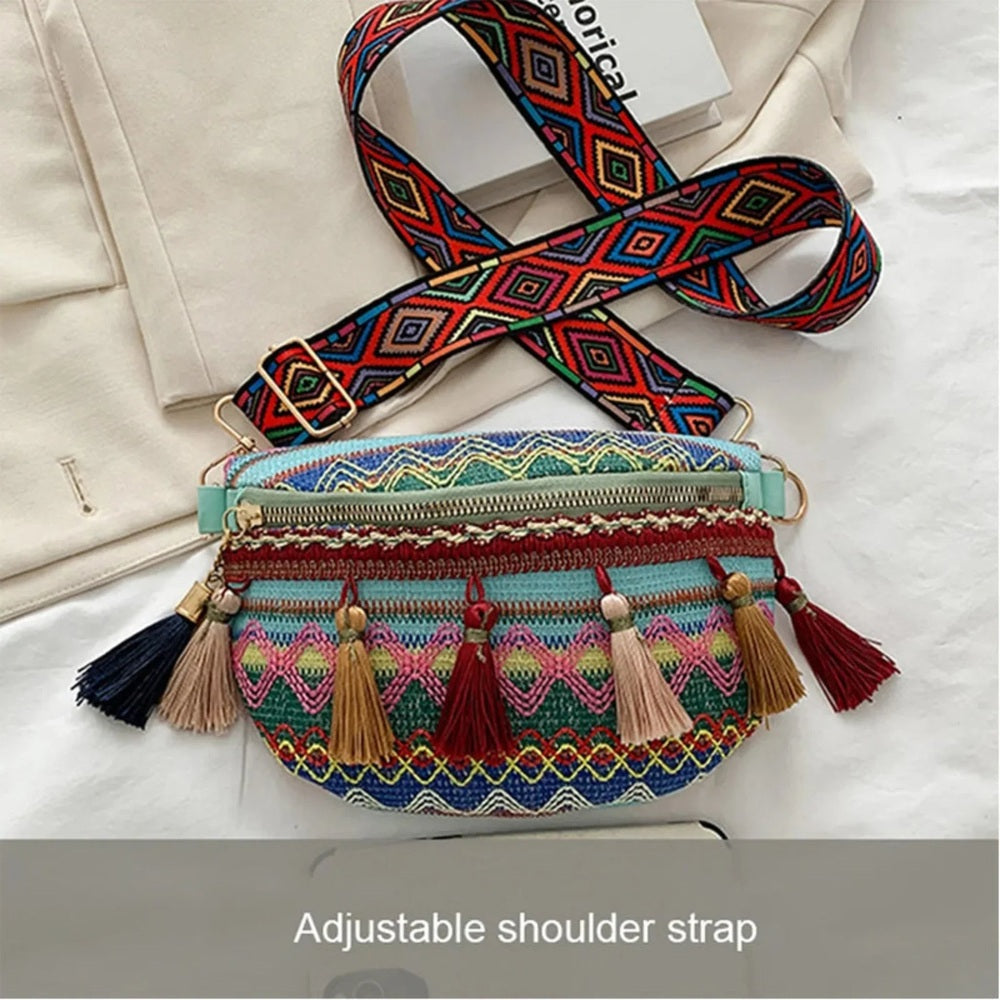 Crossbody Bag weave bag with Tassels Zipper Straps Adjustable for Women
