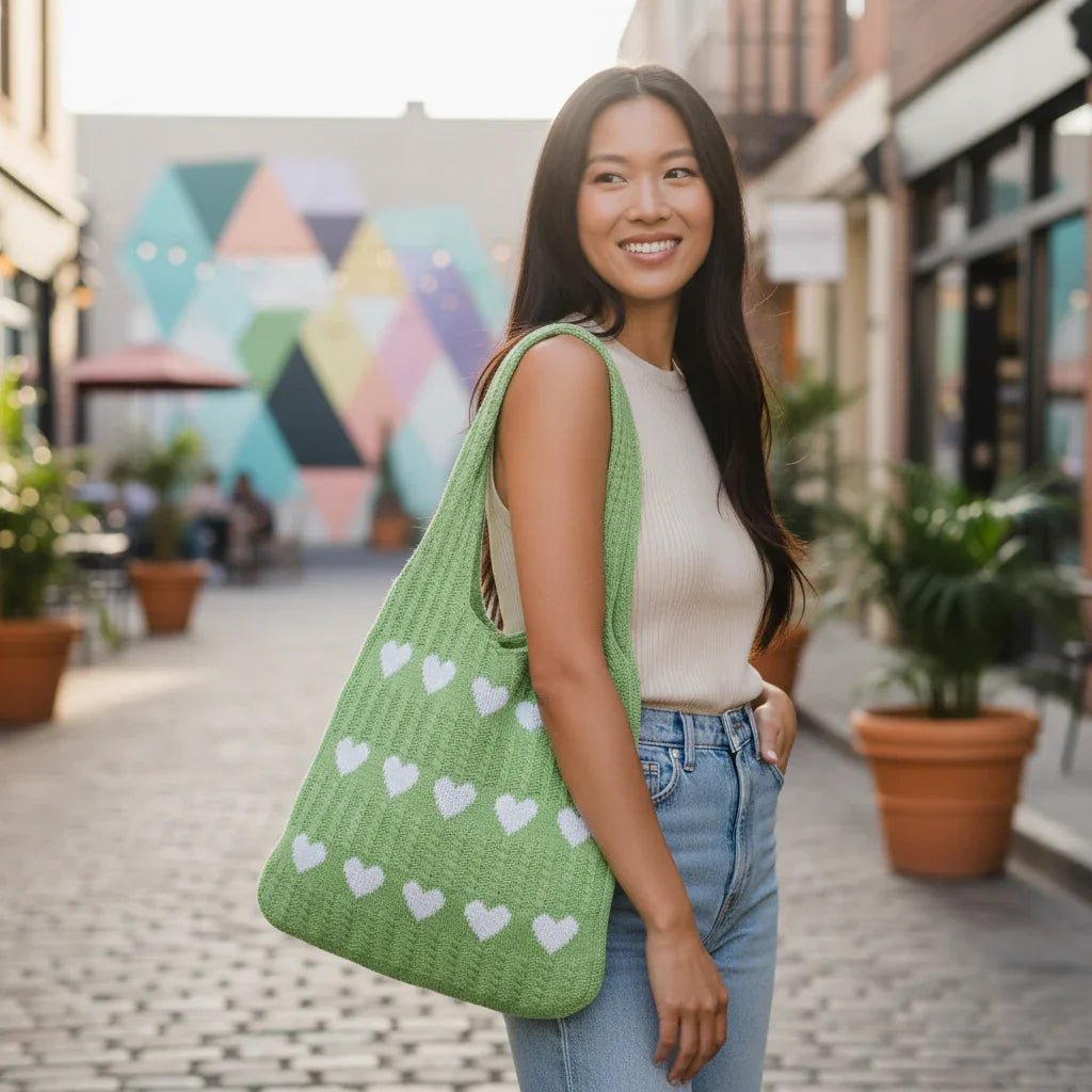knitted Heart Tote Bag | Soft Cotton Yarn - Twist & Tassel