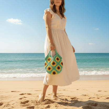 Handmade Sunflower Crochet Woven Bag – Small Boho Carry Bag | Twist & Tassel