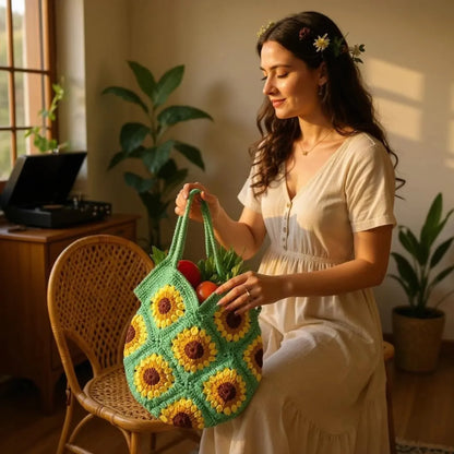 Handmade Sunflower Crochet Bag – Soft Cotton Yarn Boho Tote - Twist & Tassel