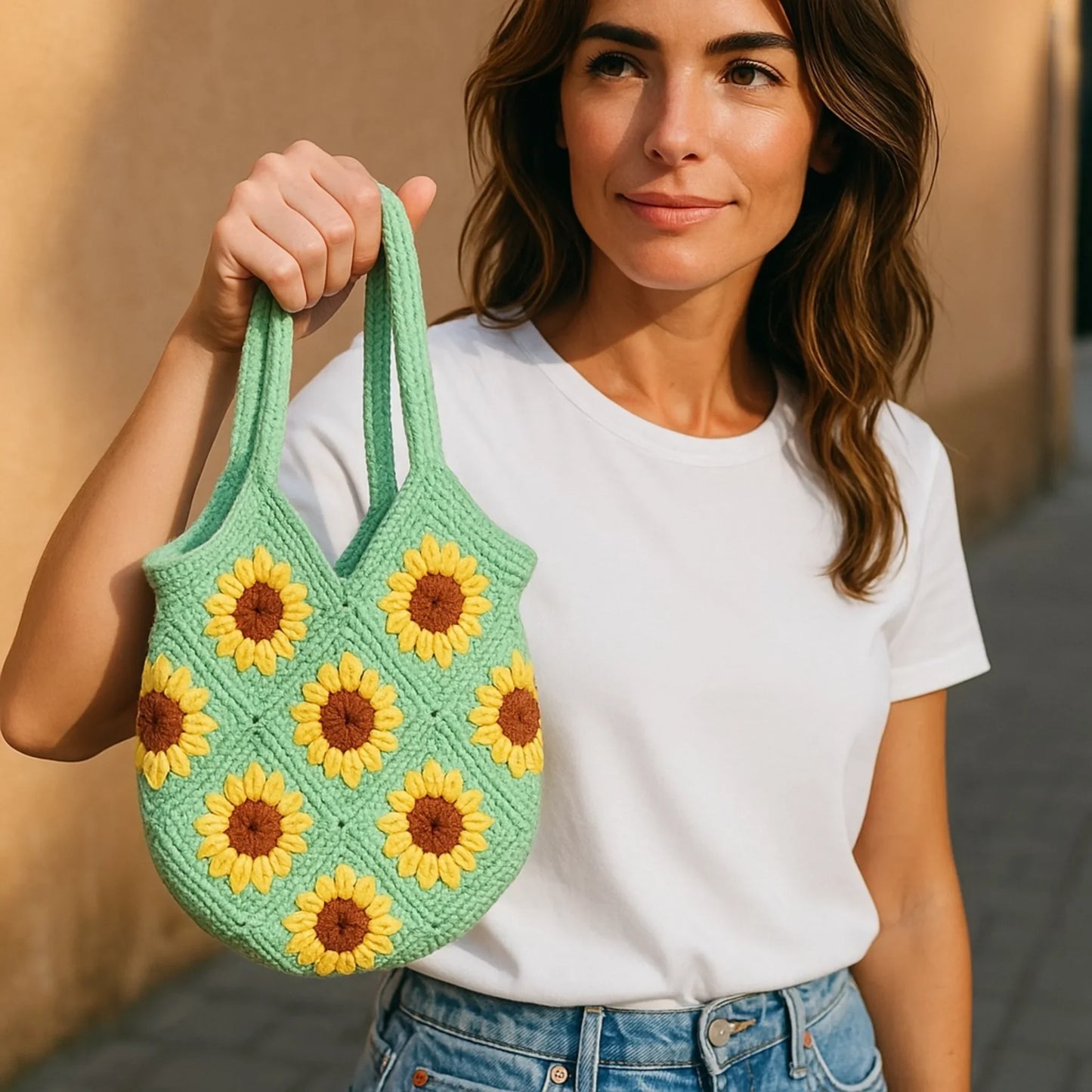 Handmade Sunflower Crochet Bag – Soft Cotton Yarn Boho Tote - Twist & Tassel