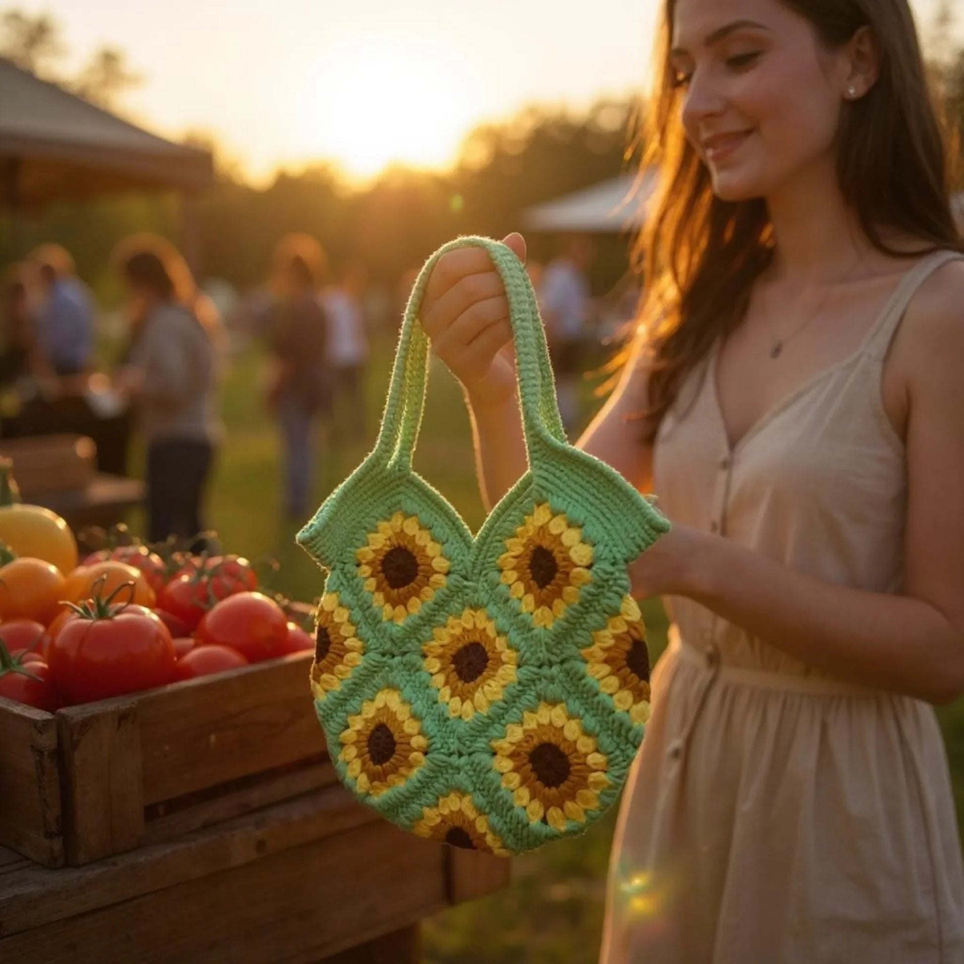 Handmade Sunflower Crochet Bag – Soft Cotton Yarn Boho Tote - Twist & Tassel