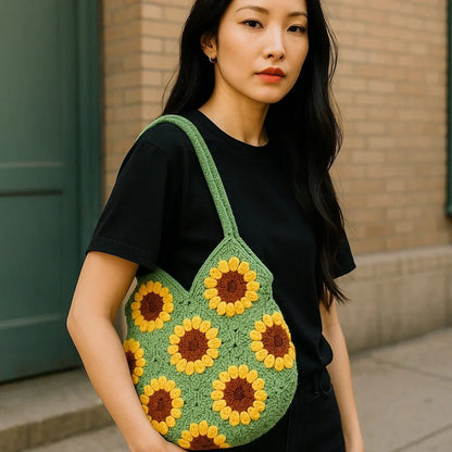 Handmade Sunflower Crochet Bag – Soft Cotton Yarn Boho Tote - Twist & Tassel