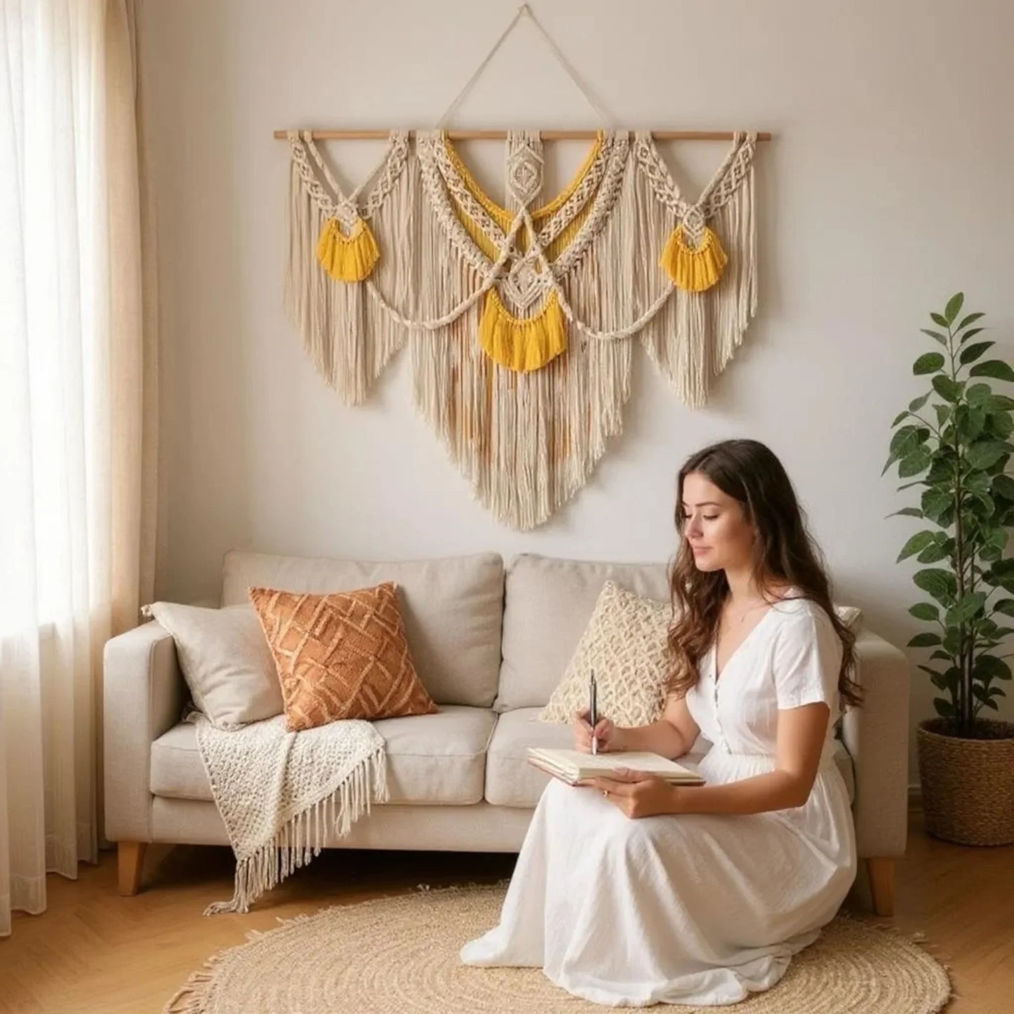 Macrame wall Hanging - Large Boho Natural Cotton Rope Hand-Woven Tapestry - Twist & Tassel