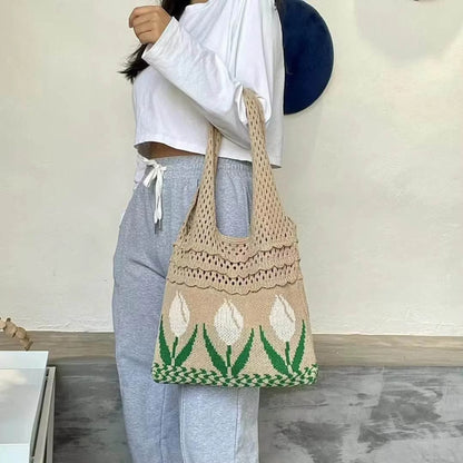 Aesthetic Hippie Crochet Beach Knitted Tote Bag with Boho Tulip Flower | Bohemian Summer Shoulder Tote - Twist & Tassel