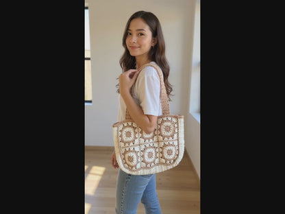 Handmade Crochet Tote Bag – Boho Cotton Yarn Shoulder Bag for Women