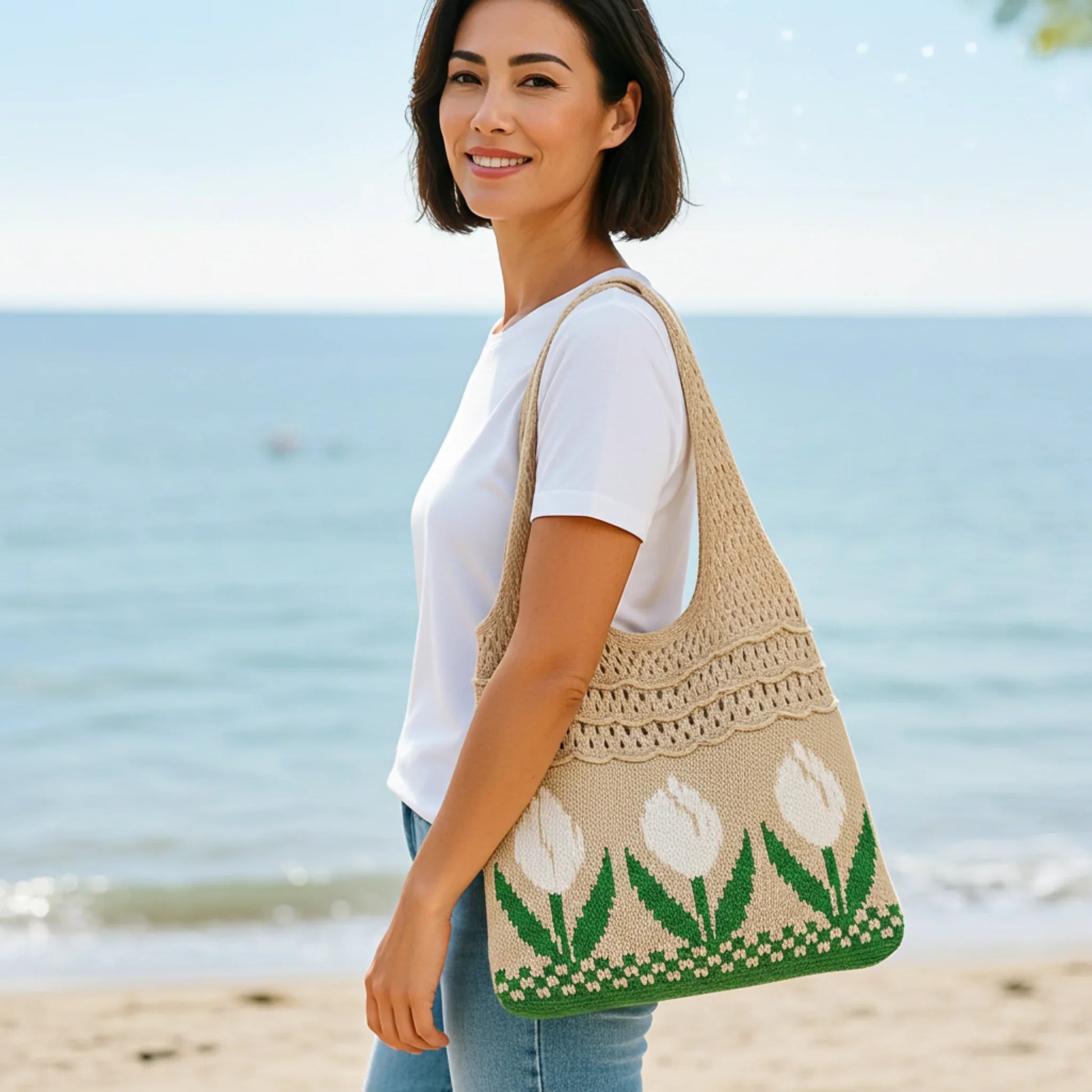 Aesthetic Hippie Crochet Beach Knitted Tote Bag with Boho Tulip Flower | Bohemian Summer Shoulder Tote - Twist & Tassel