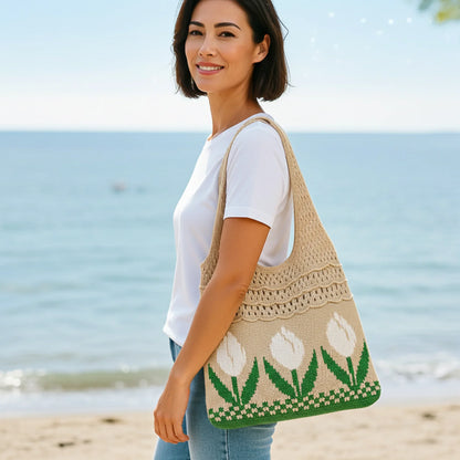 Aesthetic Hippie Crochet Beach Knitted Tote Bag with Boho Tulip Flower | Bohemian Summer Shoulder Tote - Twist & Tassel